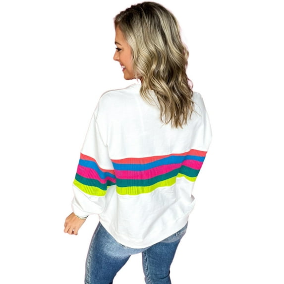 Women's Plus Size White Colorful Striped Drop Shoulder Loose Sweatshirt - [ZhiHiMeRi] | (US 26W-28W)4X