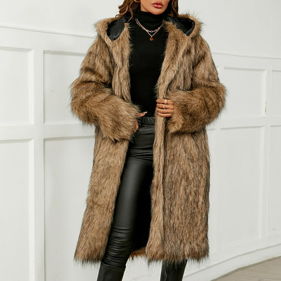 Women's Plus Size White Faux Fur Coat Hooded Long Sleeve Solid Color Warm Jacket for Winter