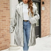 Womens Plus Size White Faux Fur Coat Turn-Down Collar Long Sleeve Warm Long Coat