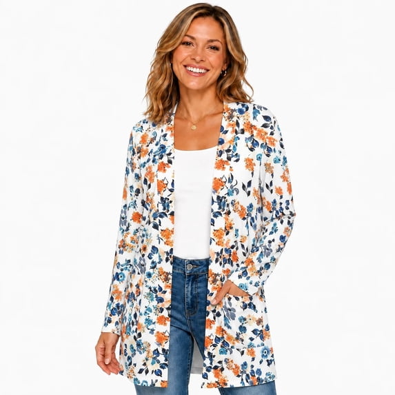 Women's Plus Size White Orange Floral Cardigan, Long Sleeve Open Front Tunic with Pockets