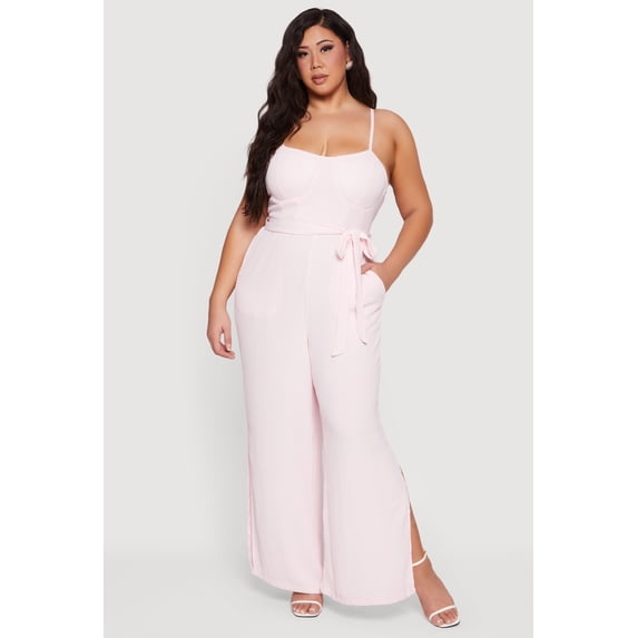 Women's Plus Size Wide Leg Cami Jumpsuit with Tie Waist Belt
