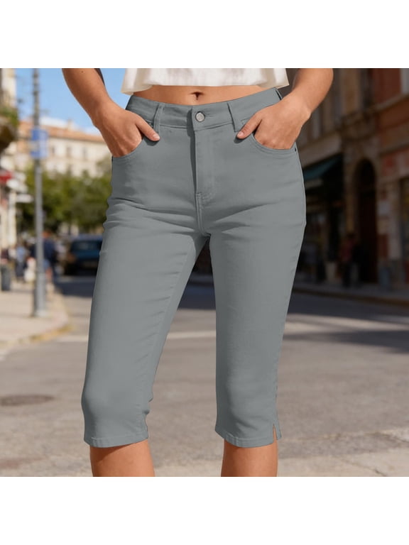 Women's Plus Size Wide Leg Capris Pants Women's High Waist Skinny Capris, Button Casual Side Split Hem Slim Fitting Stretch Cropped Tights Pants with Pockets Gray XL