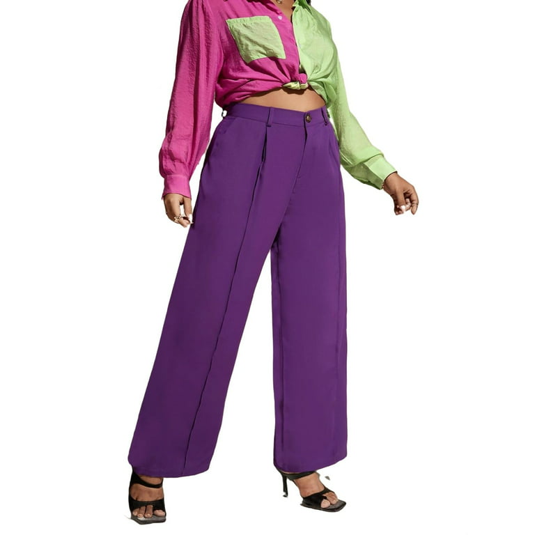 Women's Plus Size Wide Leg High Waist Pants Button Down Straight Loose Comfy Long Trousers 0XL(12), Purple