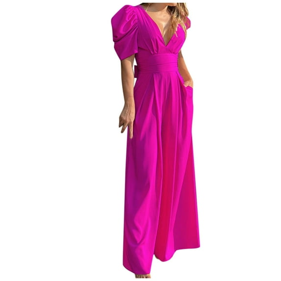 Women's Plus Size Wide Leg Jumpsuit - Solid Color, Short Sleeve, Fashionable & Elegant, All-Season Fit - S-XXXL