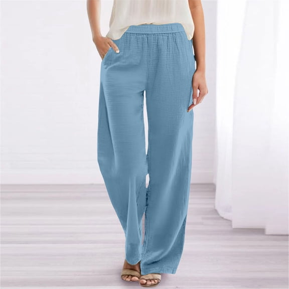 Women's Plus Size Wide Leg Pants with Elastic Waist - Lightweight Polyester Spandex Lounge Pants All-Season Loose Casual Trousers Light Blue S-2XL
