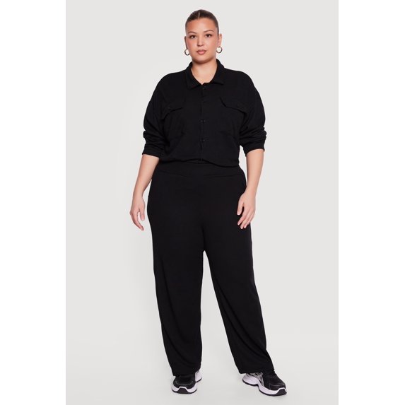 Women's Plus Size Wide Leg Textured Knit Pants