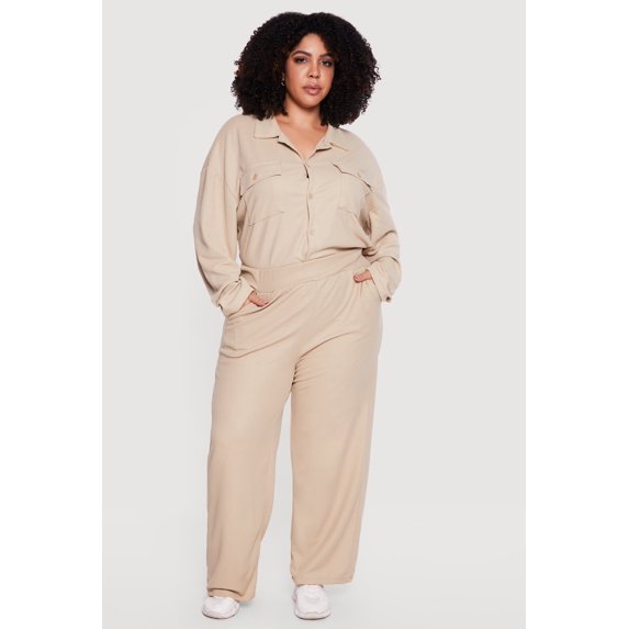 Women's Plus Size Wide Leg Textured Knit Pants