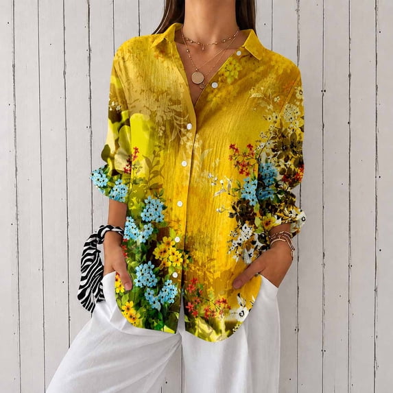 Women's Plus Size Wildflower Print Button Down Shirt, Long Sleeve Collared Casual Blouse