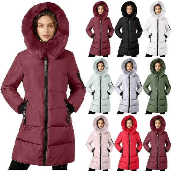 Women's Plus Size Winter Coat Warm Puffer Jacket Windproof Hooded Winter Jacket Women's Winter Down Jacket With Hood Waist And To Overcome Outer Long Sleeve Long Coats Wine XXL