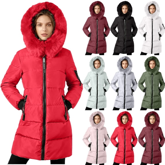 Women's Plus Size Winter Coat Warm Puffer Jacket Windproof Hooded Winter Jacket Women's Winter Down Jacket With Hood Waist And To Overcome Outer Long Sleeve Long Coats Red XXL