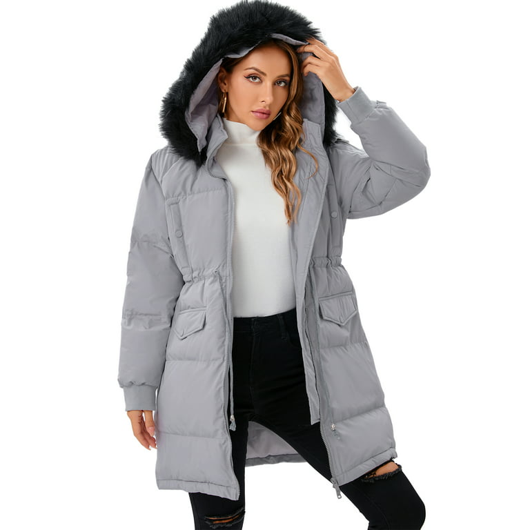 Women's Winter Zipper Coat Warm Puffer Thicken Hooded Soft Lined Parkas  Jacket Plus Size Coat Long With Fur Trimmed Hood