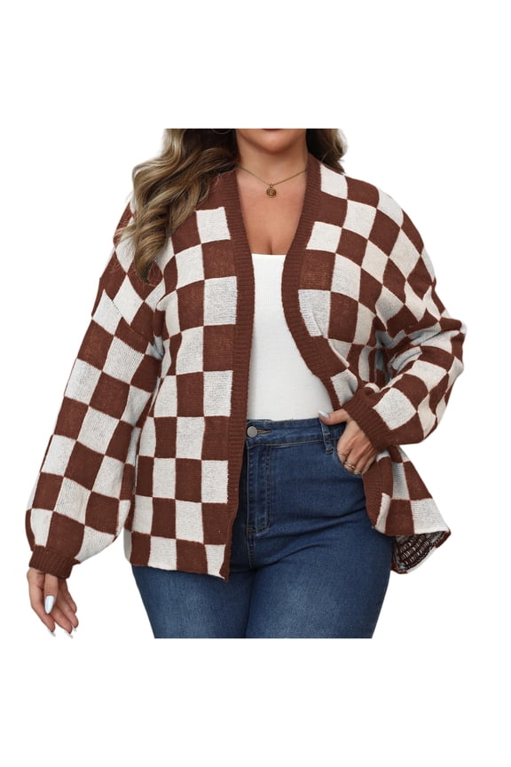 Women's Plus Size Woolen Cardigan with Contrast Color Patchwork Checkerboard, Loose Casual Sweater Jacket, Coffee, Size L