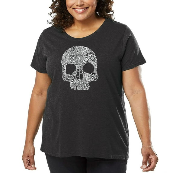 Women's Plus Size Word Art T-shirt - Flower Skull