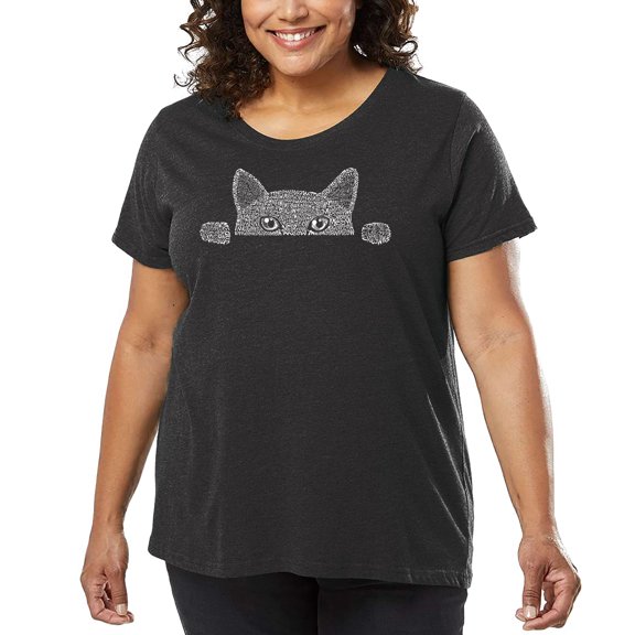 Women's Plus Size Word Art T-shirt - Peeking Cat