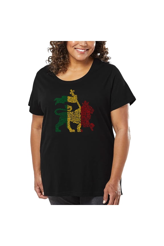 Women's Plus Size Word Art T-shirt - Rasta Lion - One Love
