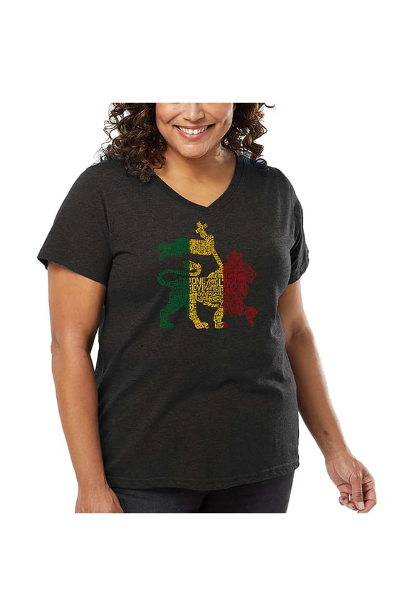 Women's Plus Size Word Art V-Neck - Rasta Lion - One Love