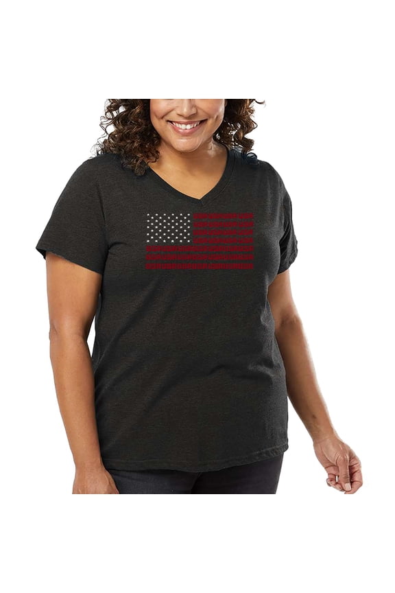 Women's Plus Size Word Art V-Neck - USA Flag