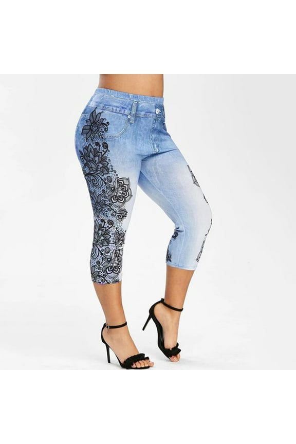 Women's Plus Size Workout Out Lace Panel Jeans Denim Leggings Floral Printed Summer Fashion Button Cropped Capris Pants Joggers Blue qILAKOG Size XXXXXL