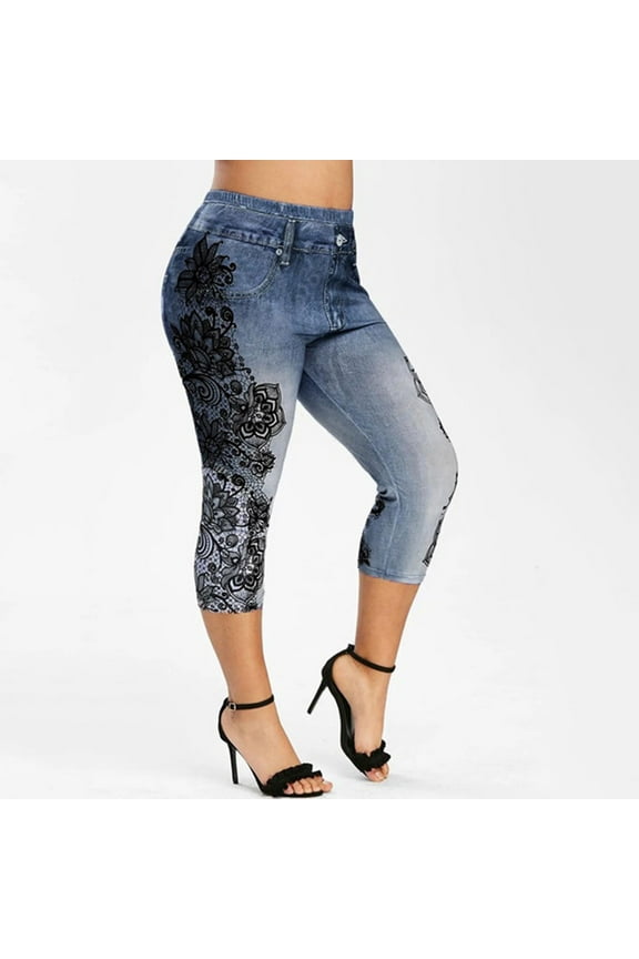 Women's Plus Size Workout Out Lace Panel Jeans Denim Leggings Floral Printed Summer Fashion Button Cropped Capris Pants Joggers Dark Blue qILAKOG Size XXXXL