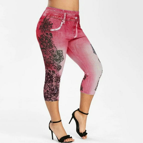 Women's Plus Size Workout Out Lace Panel Jeans Denim Leggings Floral Printed Summer Fashion Button Cropped Capris Pants Joggers Red qILAKOG Size XXXL