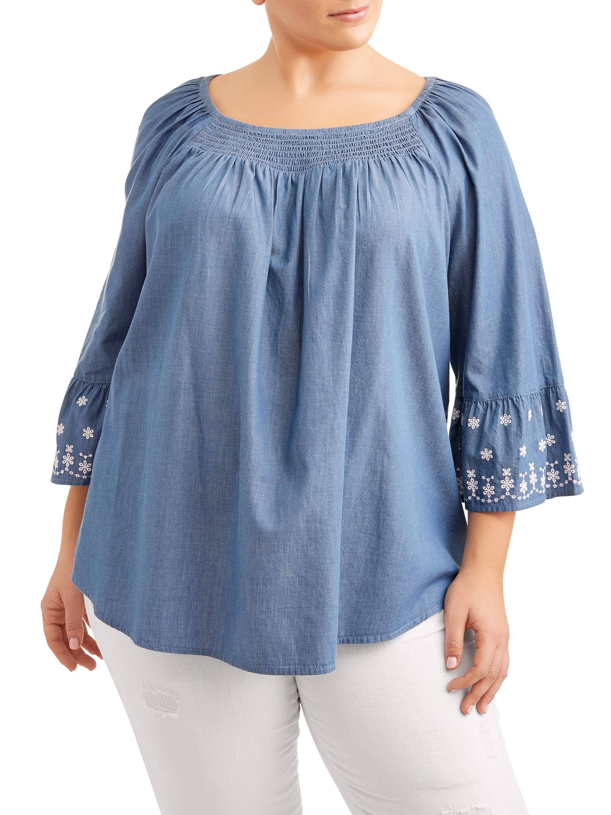 Women's Plus Size Woven Peasant Top
