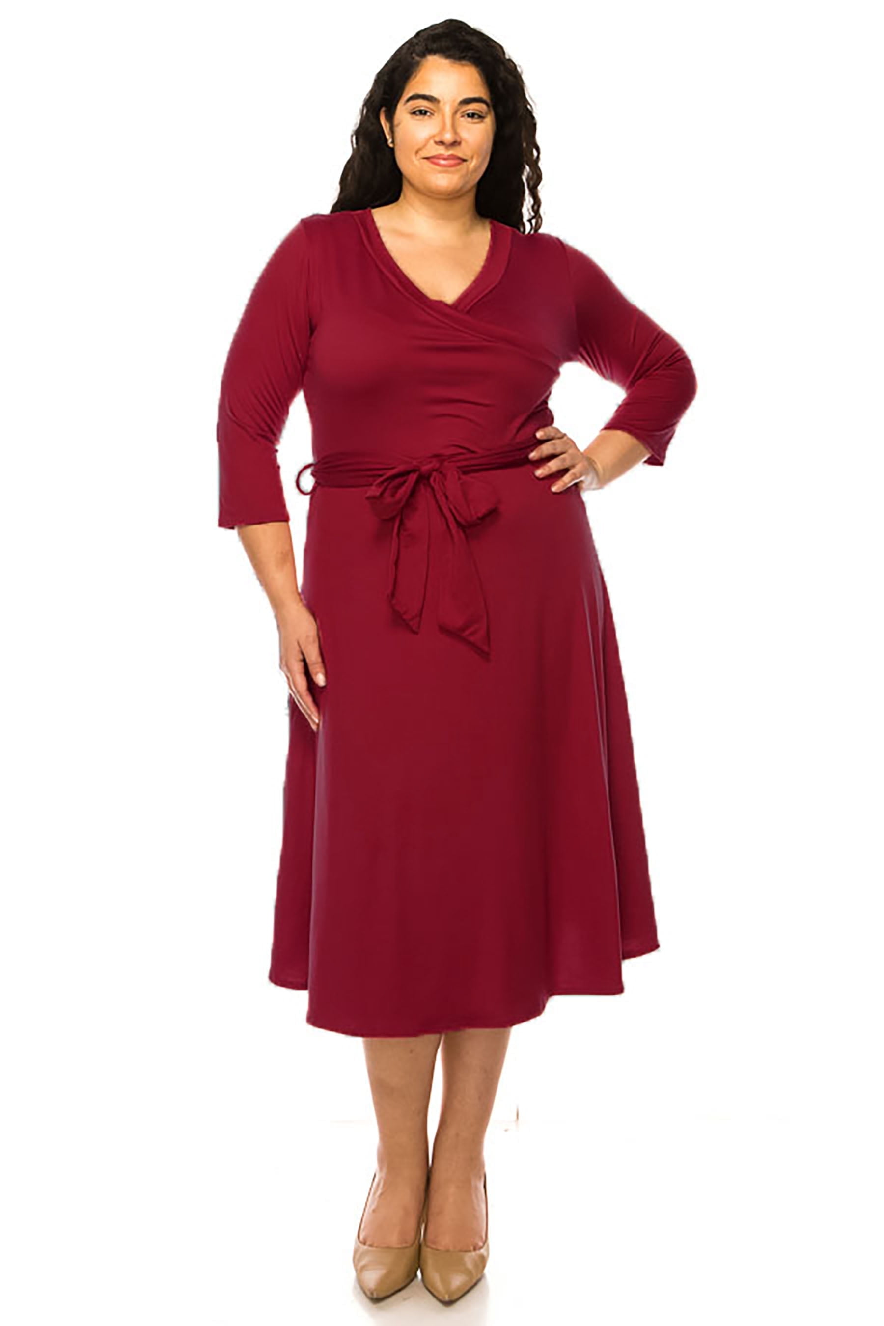 Women's Plus Size Wrap Dress 3/4 Sleeve V Neck Waist Tie Women's Plus Size Wrap Dress 3/4 Sleeve V Neck Waist Tie