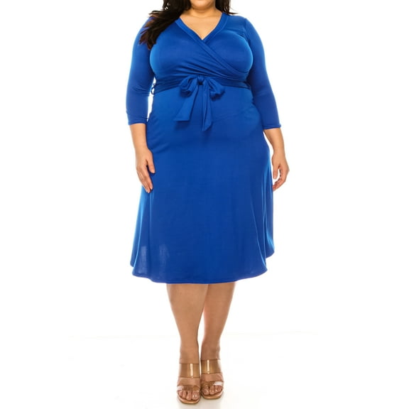 Women's Plus Size Wrap Dress 3/4 Sleeve V Neck Waist Tie