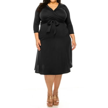 Women's Plus Size Wrap Dress 3/4 Sleeve V Neck Waist Tie