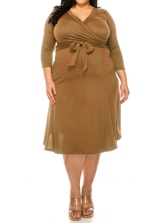 Women's Plus Size Wrap Dress 3/4 Sleeve V Neck Waist Tie