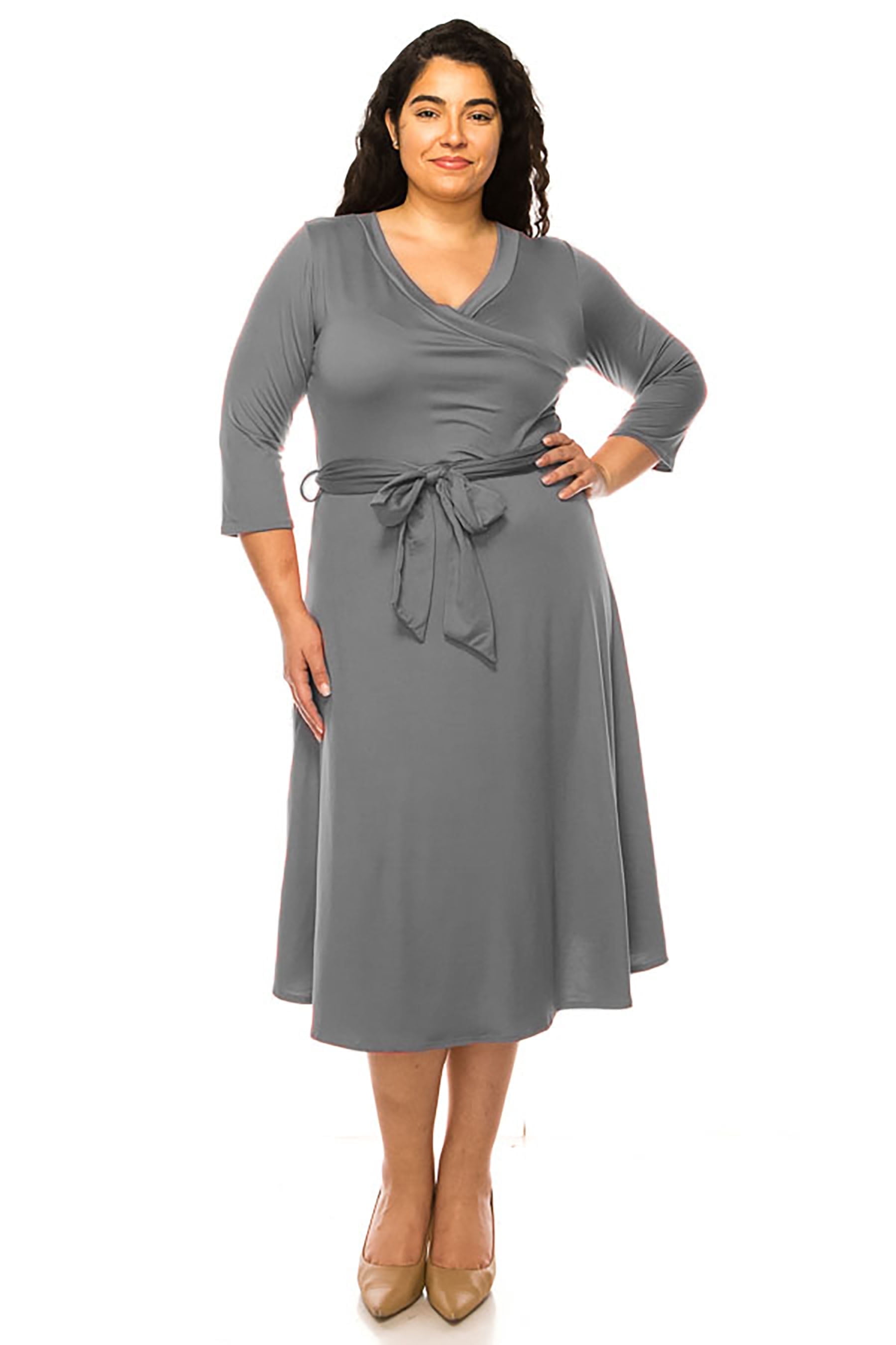 Women's Plus Size Wrap Dress 3/4 Sleeve V Neck Waist Tie - Walmart.com