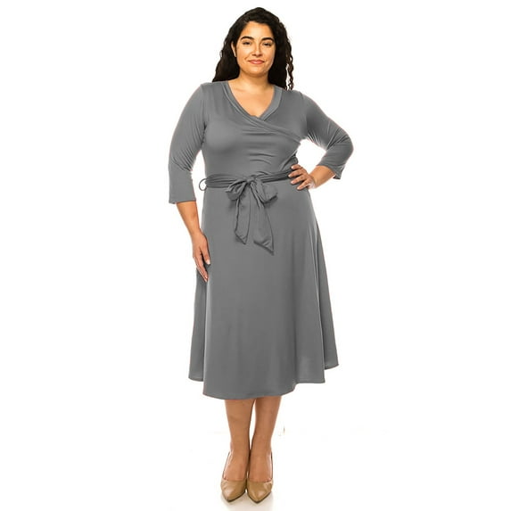Women's Plus Size Wrap Dress 3/4 Sleeve V Neck Waist Tie