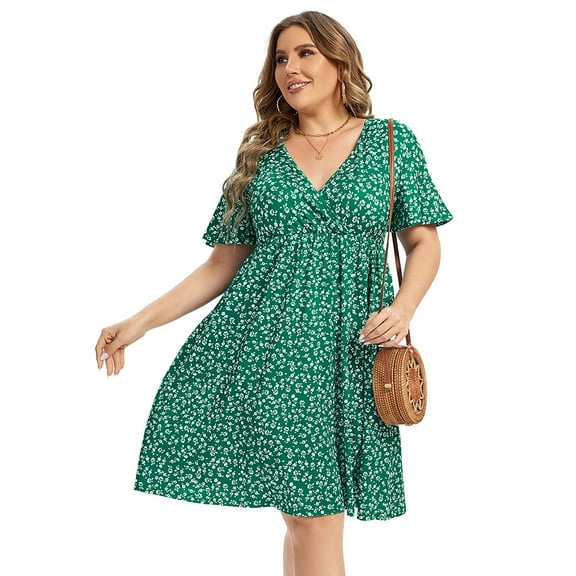 Women's Plus Size Wrap V Neck Short Sleeve Ruffle Hem A Line Short Dress
