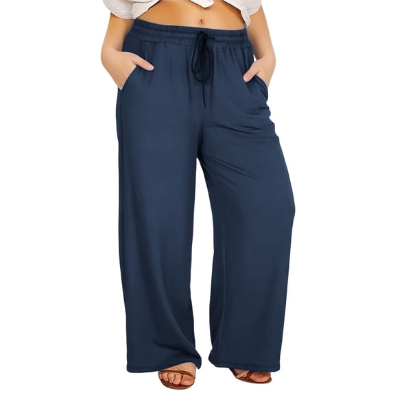 Women's Plus Size Yoga Pants Wide Leg Pants with Elastic Waist Drawstring Flowy Casual Trousers with Pockets Cozy Loungewear Lightweight Summer Outfits Navy XL