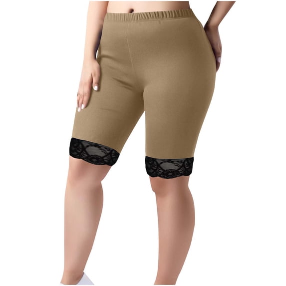 Women's Plus Size Yoga Shorts with Lace Elastic Waist - Solid Color, Half Length for Yoga & Lounge