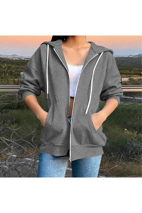 Women's Plus Size Zip Drawstring Long Sleeve Jacket, Elastic Cuffs, Versatile outerwear for daily outings, street wear and laid-back weekends Gray S