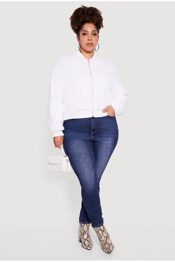 Women's Plus Size Zip Front Faux Fur Bomber Jacket