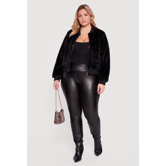 Women's Plus Size Zip Front Faux Fur Bomber Jacket