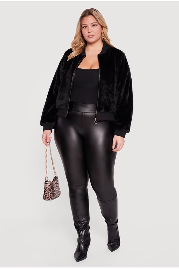Women's Plus Size Zip Front Faux Fur Bomber Jacket