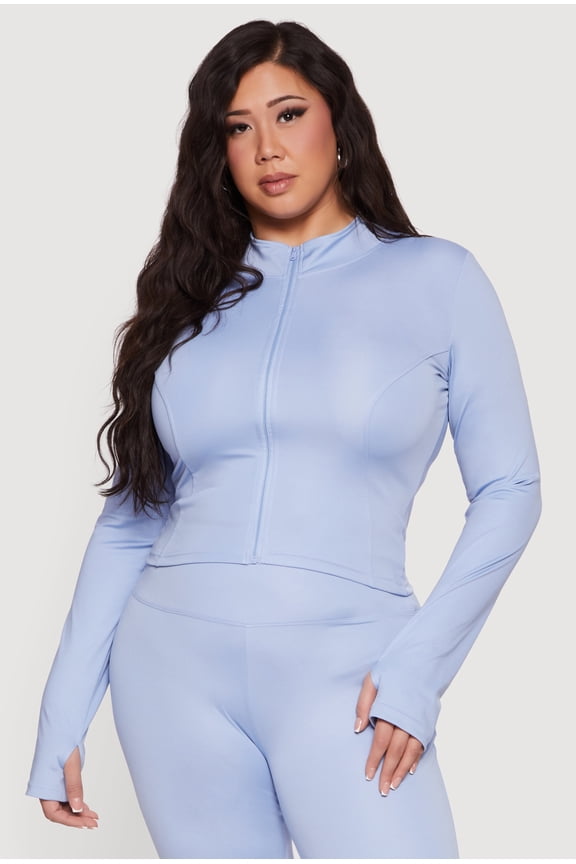 Women's Plus Size Zip Front Mock Neck Active Jacket with Thumb Holes