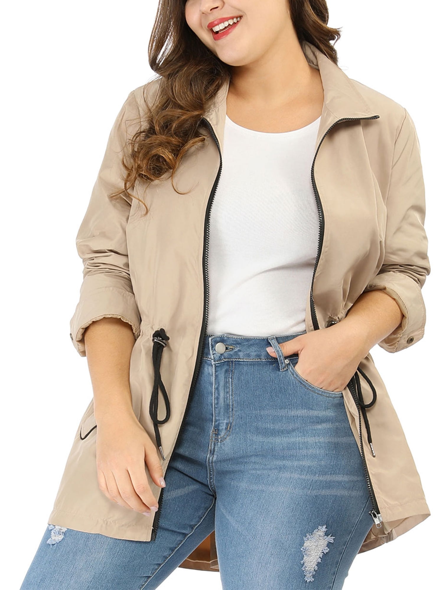 Women's Plus Size Zip Up Drawstring Utility Light Jacket Beige