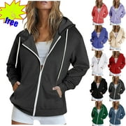 NDBULD Women's Plus Size Zip Up Hoodies Zipper V-Neck Pullover Tops Long Sleeve Hooded Blouse Sweatshirt on Clearance