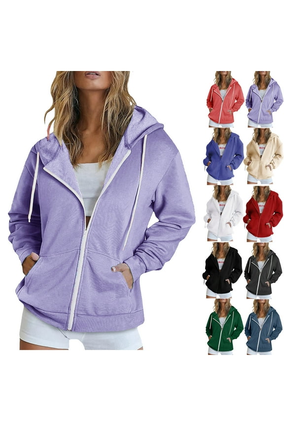 Hoodies for Women Casual Fall Tops Women's Plus Size Zip Up Hoodies Zipper V-Neck Pullover Tops Long Sleeve Hooded Blouse Sweatshirt