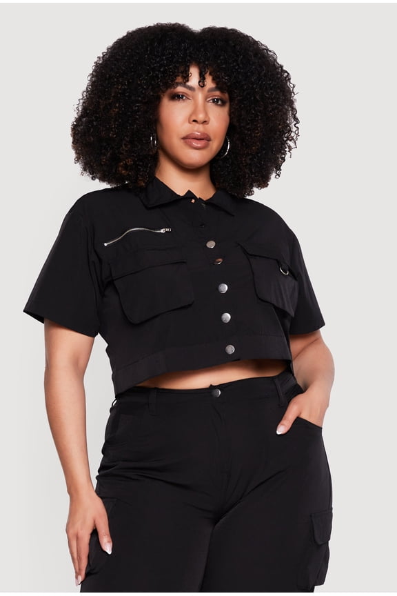 Women's Plus Size Zipper Detail Cargo Pocket Crop Top