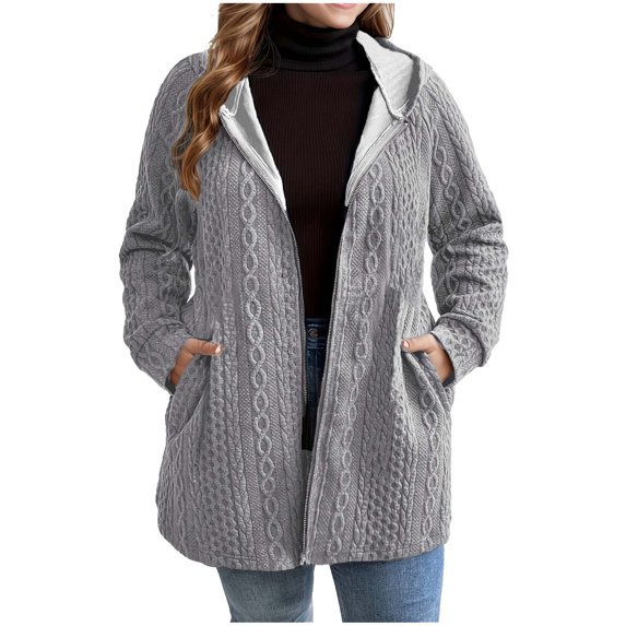Women's Plus Size Zipper Ribbed Knit Sweater Jacket Casual Long Sleeve Hooded Jacket Coat with Pockets