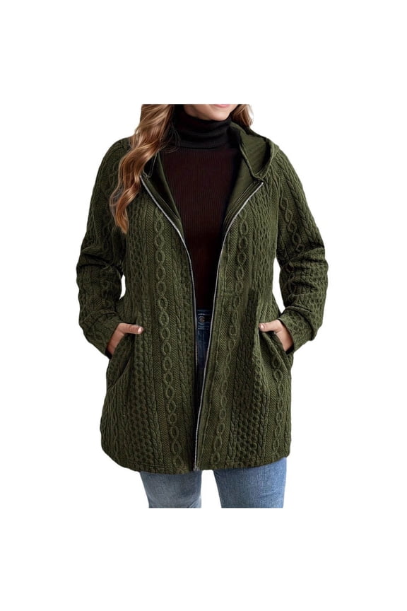 Women's Plus Size Zipper Ribbed Knit Sweater Jacket Casual Long Sleeve Hooded Jacket Coat with Pockets