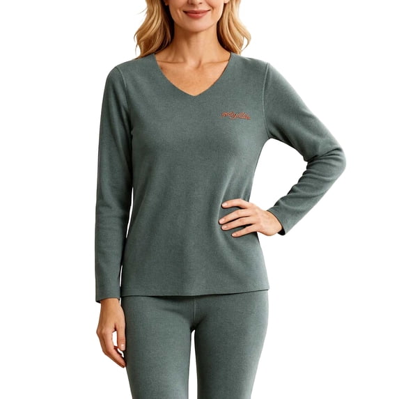 Women's Plus Size thermal Underwear Top Fleece Lined V Neck Long Sleeve Warm Base Layer Shirt Soft Comfy Cold Weather Top for Loungewear Daily Wear Army Green