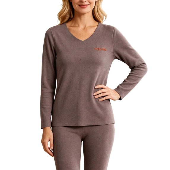Women's Plus Size thermal Underwear Top Fleece Lined V Neck Long Sleeve Warm Base Layer Shirt Soft Comfy Cold Weather Top for Loungewear Daily Wear Coffee
