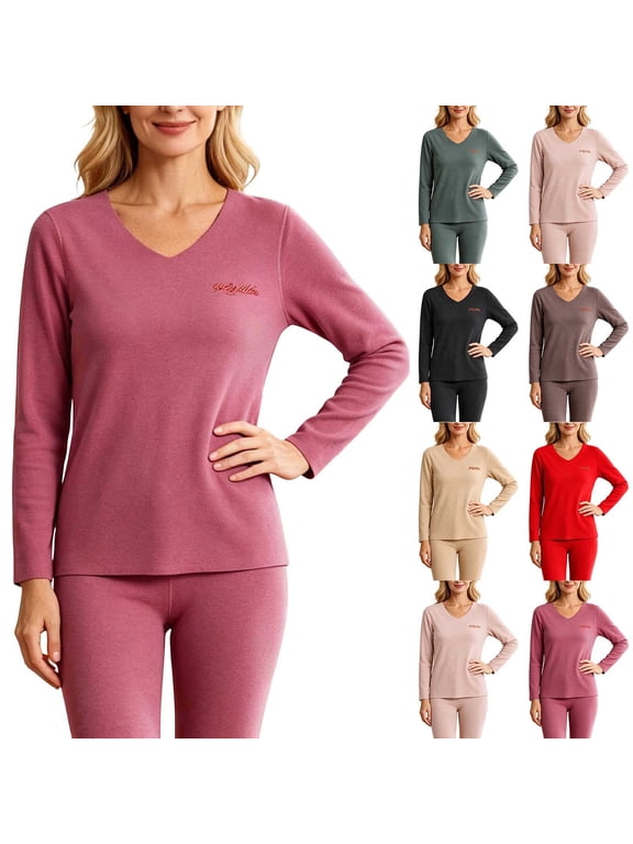 Women's Plus Size thermal Underwear Top Fleece Lined V Neck Long Sleeve Warm Base Layer Shirt Soft Comfy Cold Weather Top for Loungewear Daily Wear Red