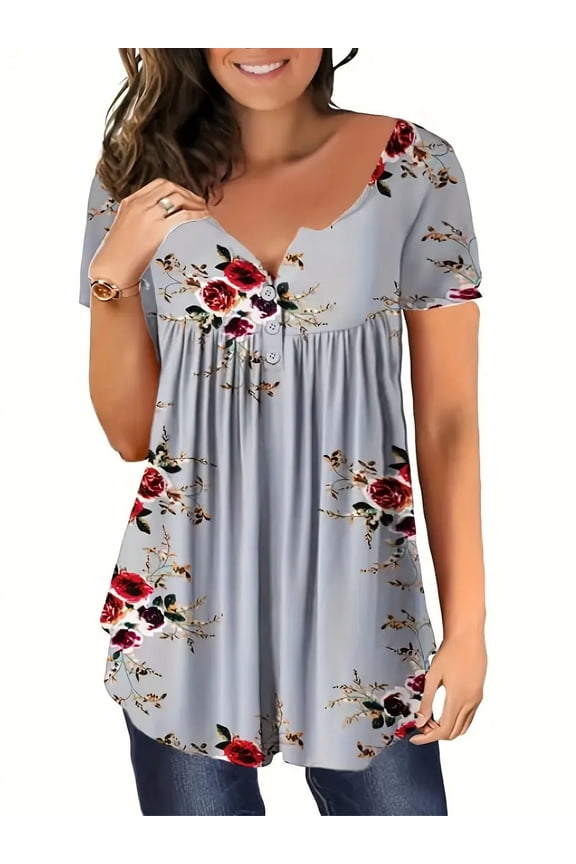 Women's Plus-Size top Summer Rose Print V-Neck Casual Short Sleeve 
