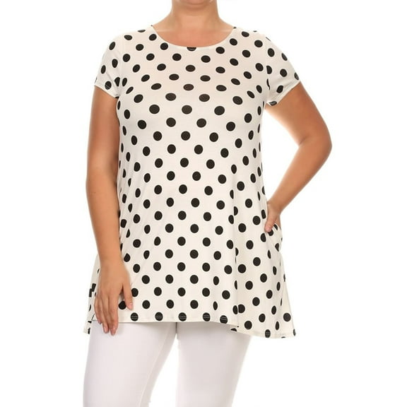 Women's Plus Size trendy style casual Polka Dot short sleeve side pocket tunic top.